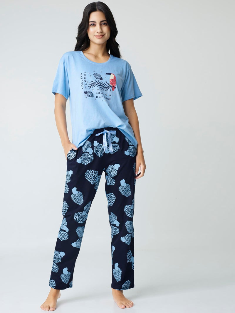 I Like Me Night Suit for Womens Blue Abstract Printed Cotton Night Dress of Top and Pajama Set 9408 - Image 3