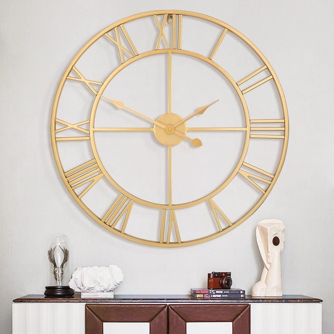 LARGE WALL CLOCK METAL RETRO ROMAN NUMERAL CLOCK MODERN ROUND WALL CLOCKS ALMOST SILENT EASY TO READ FOR LIVING ROOMHOMEKITCHENBEDROOMOFFICESCHOOL DECOR GOLD 32 INCH