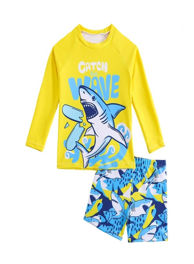 YAGATA Toddler Swimsuit Boy 3 Piece Boys Swim Set Long Sleeve Swimming Shirt Trunks Rash Guard Bathing Suits Blue Sharks Sharks 3-4T M - Image 1