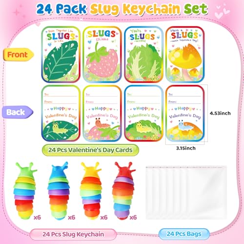 AuroTops Valentines Day Cards for Kids24 Pack Cute Keychains Bulk Sensory Slug Fidget Toys with Valentines Cards for Boys Girls Valentines Day Classroom Gift ExchangeKids Party Favors - Image 5