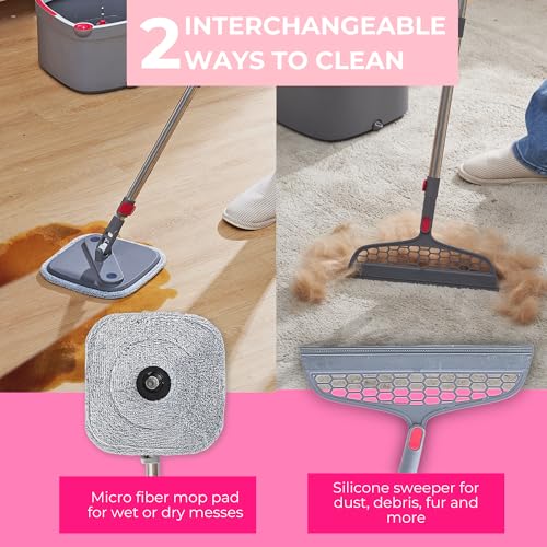 True & Tidy True Clean Spin Mop & Bucket System – Dual Compartment Design for Clean & Dirty Water, 360° Swivel Mop Head, Built-in Scrubbing Brush, Stainless Steel Handle & 2 Reusable Microfiber Pads - Image 4