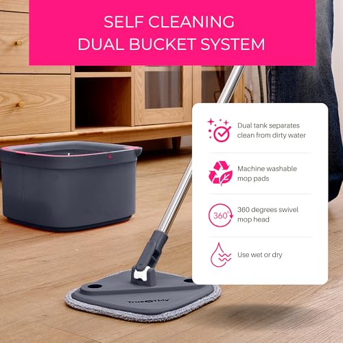 True & Tidy True Clean Spin Mop & Bucket System – Dual Compartment Design for Clean & Dirty Water, 360° Swivel Mop Head, Built-in Scrubbing Brush, Stainless Steel Handle & 2 Reusable Microfiber Pads - Image 3