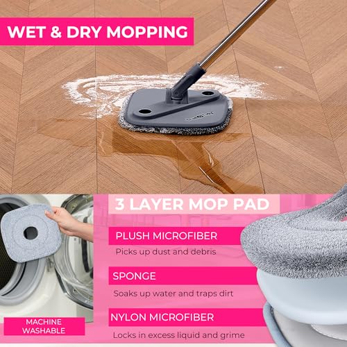 True & Tidy True Clean Spin Mop & Bucket System – Dual Compartment Design for Clean & Dirty Water, 360° Swivel Mop Head, Built-in Scrubbing Brush, Stainless Steel Handle & 2 Reusable Microfiber Pads - Image 5