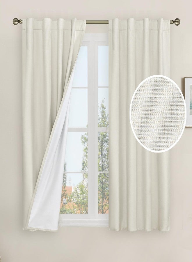 LAMIT Natural 100% Blackout Linen Curtains, 45 Inches Linen Textured Thermal Bedroom Curtains Back Tab and Rod Pocket Neutral Panels with White Liner for Farmhouse, 2 Panels, 38 x 45 Inch, Ivory - Image 1
