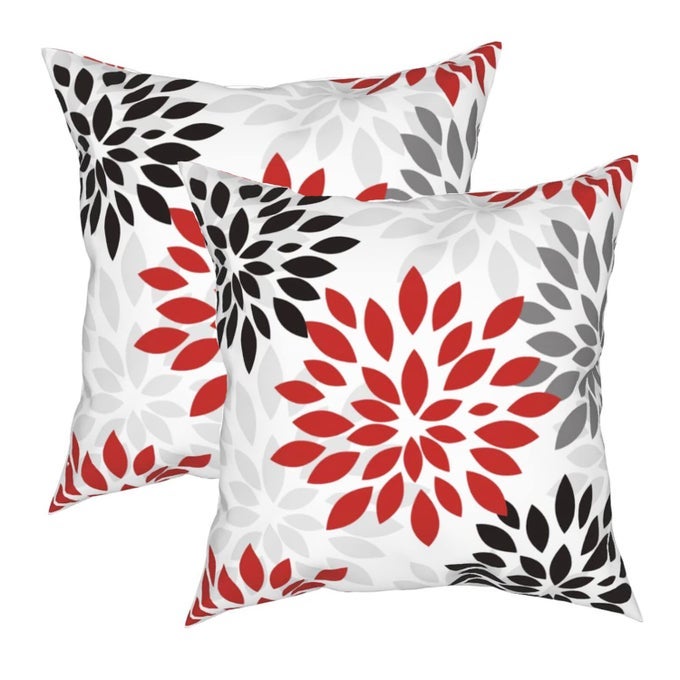 RED AND BLACK GRAY PILLOW COVER 18X18 INCH WHITE GREY MODERN DAHLIA FLORAL THROW PILLOWS COVERS 2 PCS FARMHOUSE OUTDOOR PILLOW CASE DECORATIVE CUSHION COVER FOR HOME COUCH BED SOFA DECOR