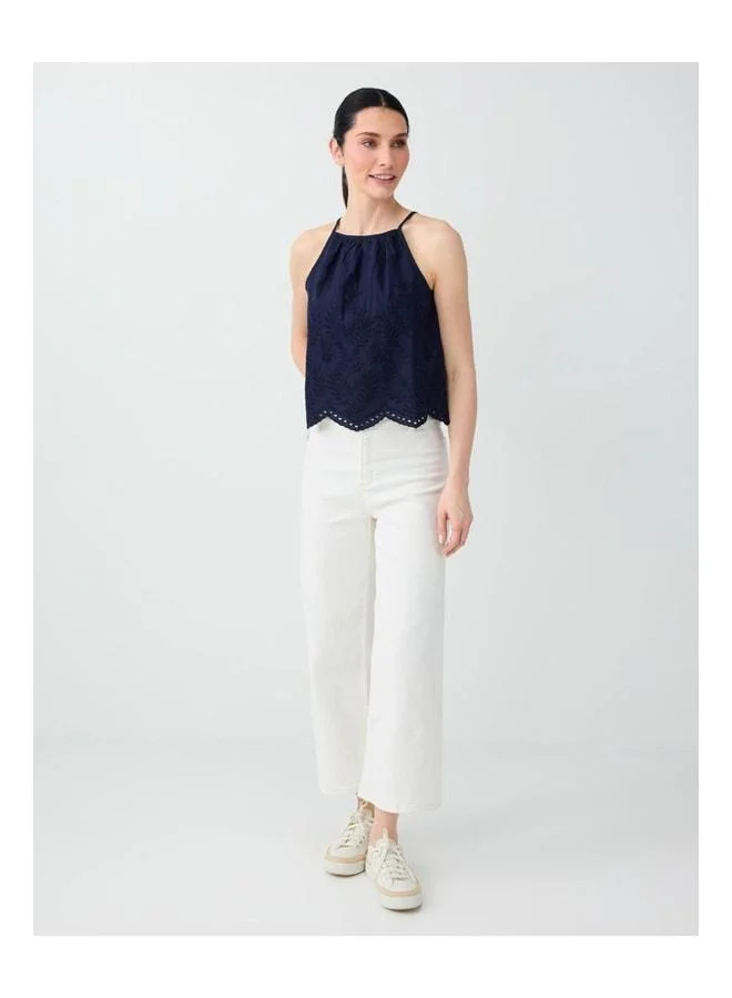 Jimmy Key Navy 100% Cotton Halter Neck Button-Front Blouse.
