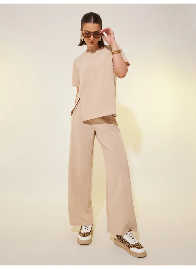 تايك تو Take Two Solid Short Sleeve Asymmetric Top and Pants Co-Ords