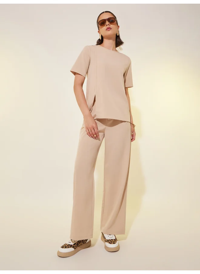 تايك تو Take Two Solid Short Sleeve Asymmetric Top and Pants Co-Ords