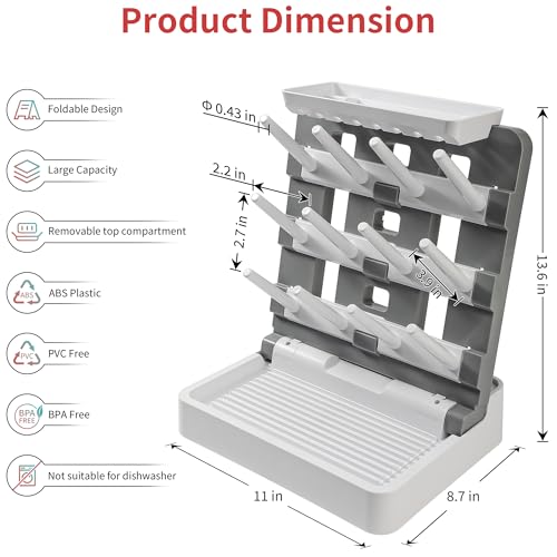 CINWWNI Baby Bottle Drying Rack Vertical Standing Bottle Drying Rack HolderSpace Saving Baby Bottle Organizer for CountertopHolds Up to 12 Baby Bottles Pump Parts White Dark Gray - Image 3
