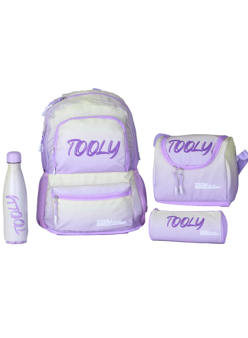 TOOLY Backpack Set, School Bag with Water Bottle, White and Purple, 4-Piece Collection(Size: H 43 X 31 X 13.5 CM)