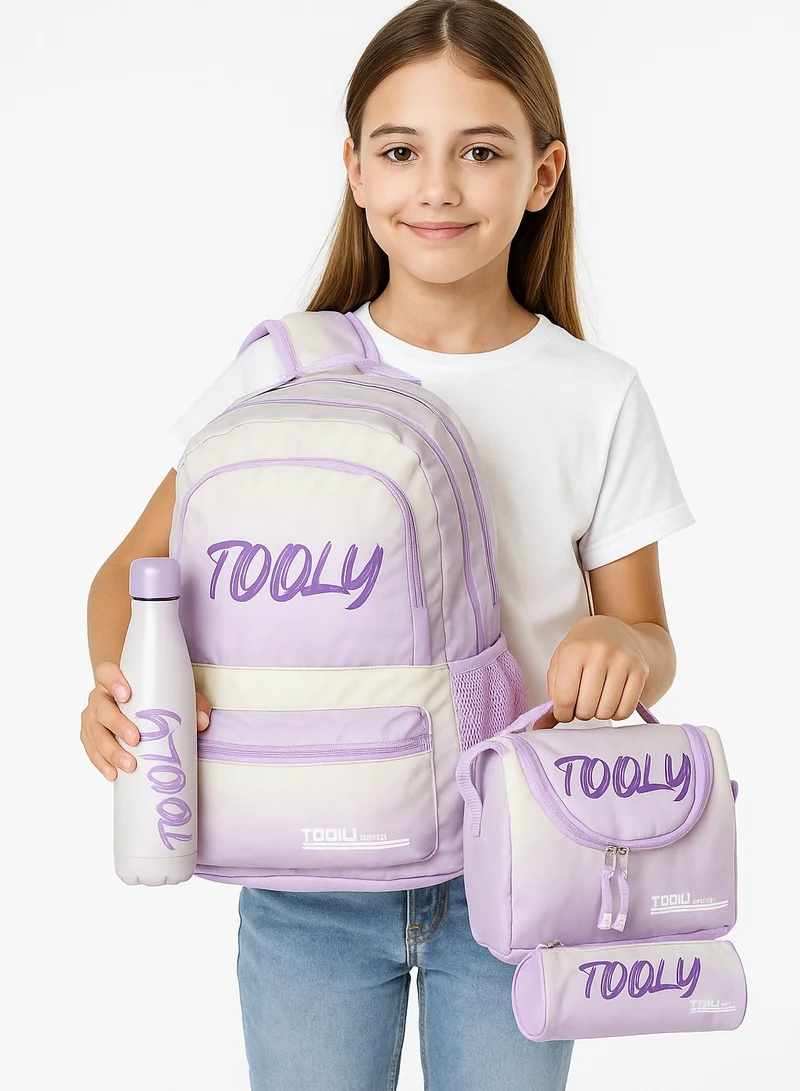 TOOLY Backpack Set, School Bag with Water Bottle, White and Purple, 4-Piece Collection(Size: H 43 X 31 X 13.5 CM)