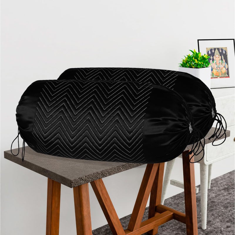 Kuber Industries Pack of 4 Aesthetic Bolster/Side Pillow Cover with Dori for Sofa & Diwan | Washable Cylindrical Takiya & Round Pillow Cover for Home Decoration | Zig Zag- Black Silver - Image 2