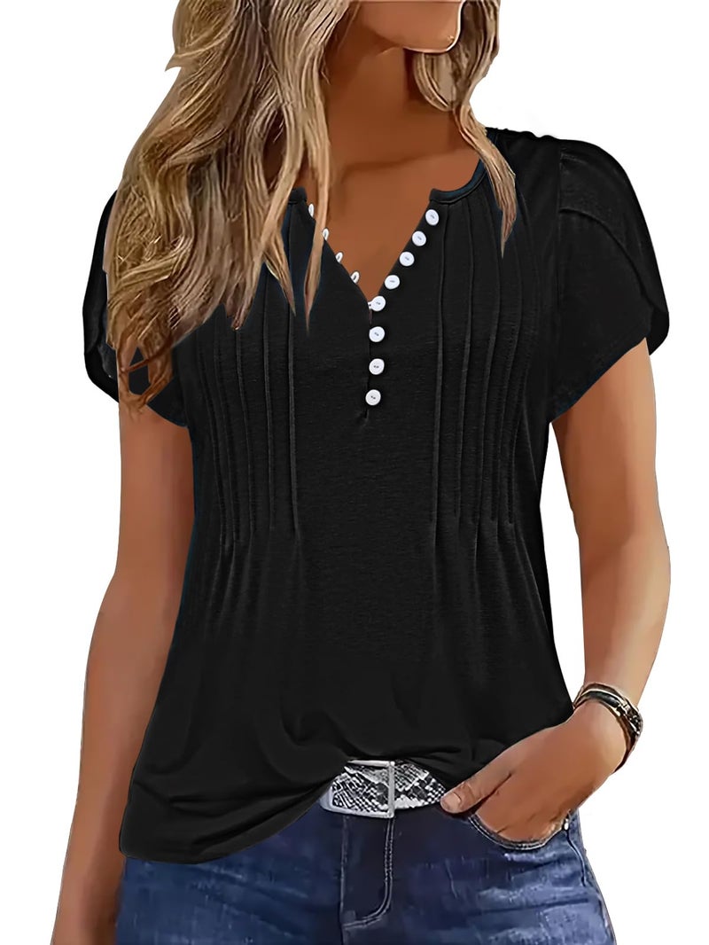 Disamer Summer Tops for Women Petal Short Sleeve Shirts Dressy Pleated Tunic 2026 Casual V Neck Button Down Blouses,Black,Large - Image 1