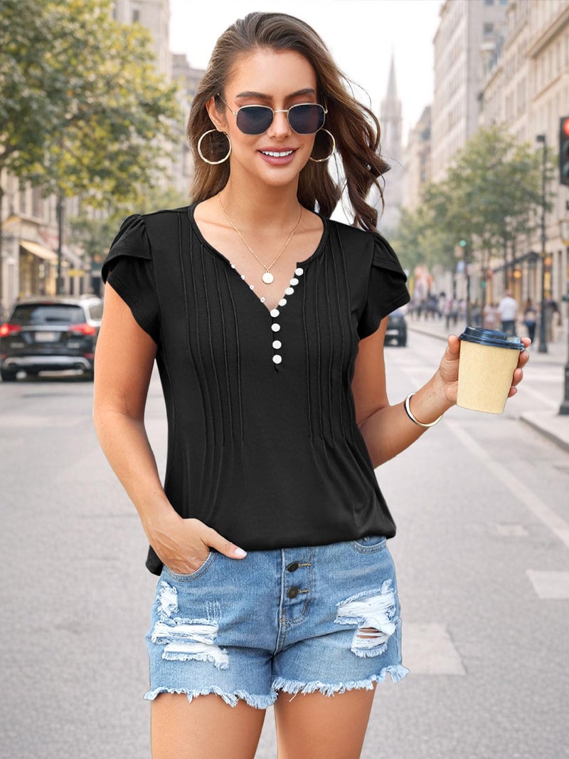Disamer Summer Tops for Women Petal Short Sleeve Shirts Dressy Pleated Tunic 2026 Casual V Neck Button Down Blouses,Black,Large - Image 4