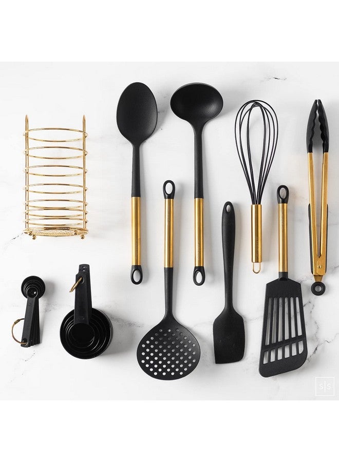 styled settings Black and Gold Kitchen Utensils Set with Stainless Steel Holder - 18-Piece Nylon Cooking Utensils with Measuring Cups and Spoons - Stylish Gold Kitchen Accessories for Baking and Cooking - Image 2