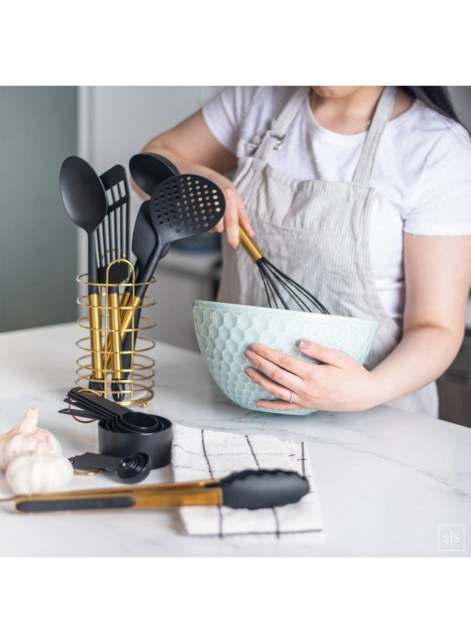 styled settings Black and Gold Kitchen Utensils Set with Stainless Steel Holder - 18-Piece Nylon Cooking Utensils with Measuring Cups and Spoons - Stylish Gold Kitchen Accessories for Baking and Cooking - Image 5