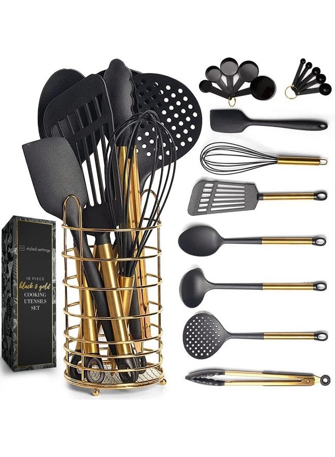 styled settings Black and Gold Kitchen Utensils Set with Stainless Steel Holder - 18-Piece Nylon Cooking Utensils with Measuring Cups and Spoons - Stylish Gold Kitchen Accessories for Baking and Cooking - Image 1