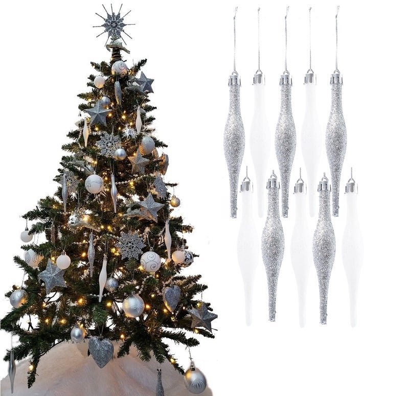 Simply Products 10 Droplet Baubles  Great Christmas Tree Decoration Matte  Glitter Icicle Baubles Silver  White Glitter