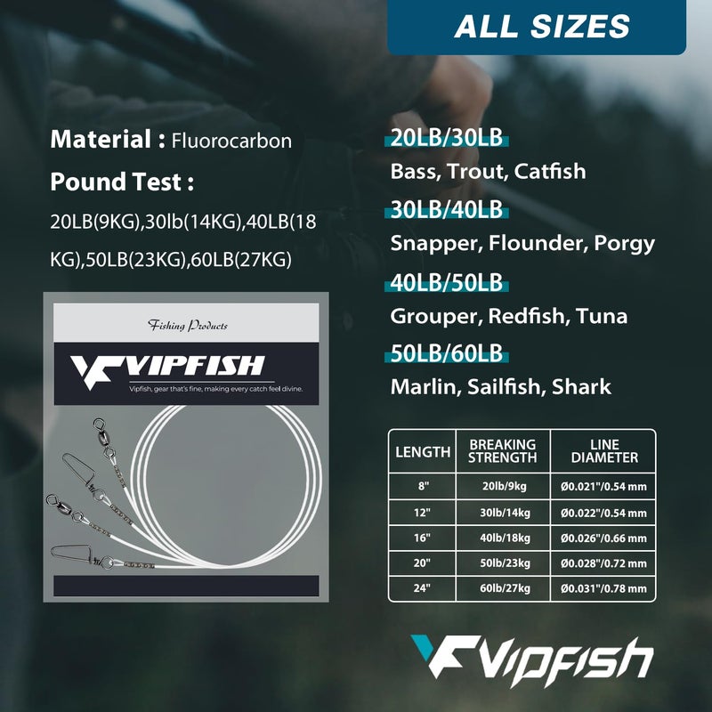 Vipfish Fishing Fluorocarbon Leader with Crane Swivel and Snaps - Heavy Duty 20-80lb Fluorocarbon Leader Connects Lures, Bait, or Hooks for Saltwater & Freshwater Fishing - Image 2