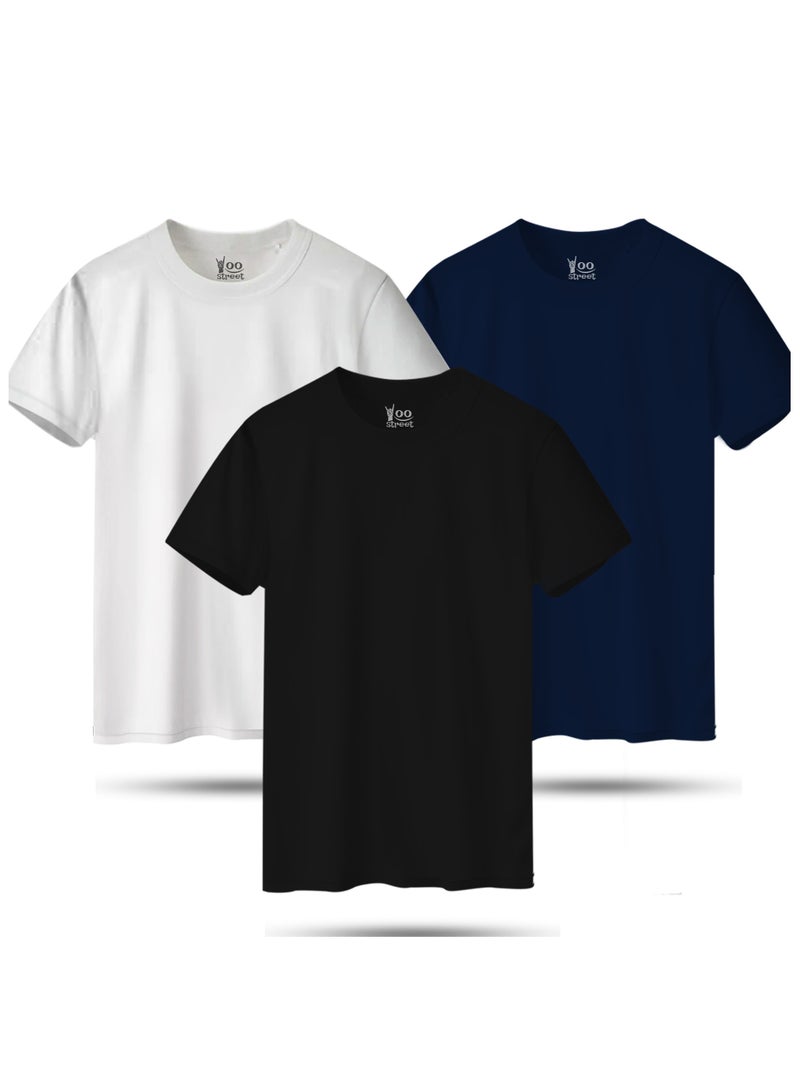 Yoo Street Bundle of 3 Classic T-Shirts - BLACK WHITE NAVY BLUE