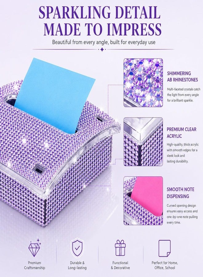 Baluue Sticky Note Dispenser with 100 Sheets Notes, Bling Rhinestone Pop-up Sticky Note Dispenser Cute Office Desk Holder Accessories for Women Girls Teacher School Office, Purple - Image 3
