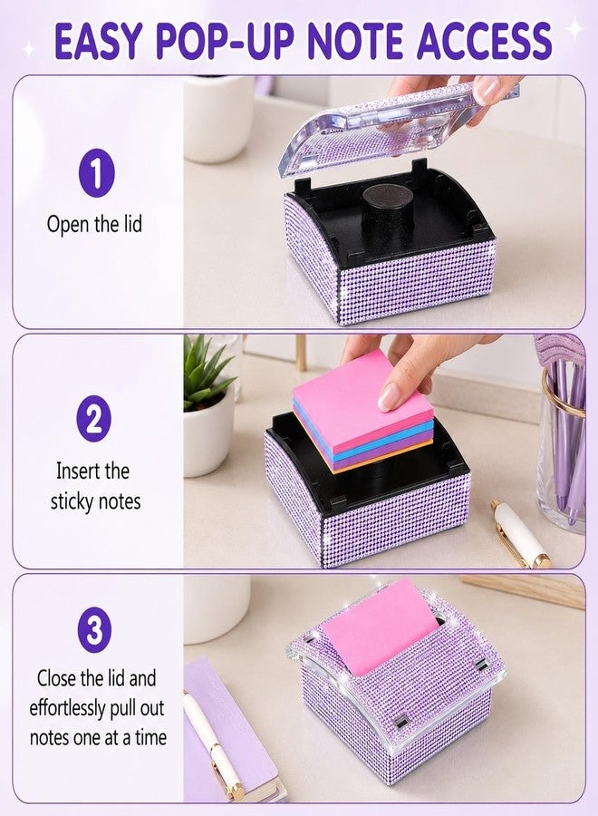Baluue Sticky Note Dispenser with 100 Sheets Notes, Bling Rhinestone Pop-up Sticky Note Dispenser Cute Office Desk Holder Accessories for Women Girls Teacher School Office, Purple - Image 2