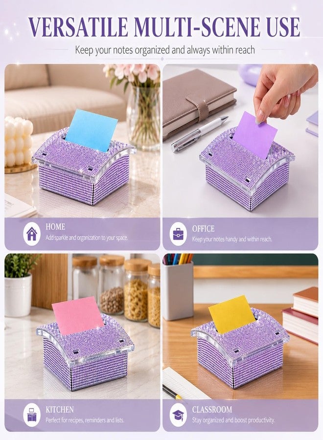 Baluue Sticky Note Dispenser with 100 Sheets Notes, Bling Rhinestone Pop-up Sticky Note Dispenser Cute Office Desk Holder Accessories for Women Girls Teacher School Office, Purple - Image 4