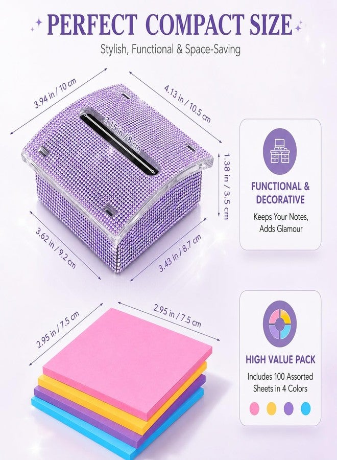 Baluue Sticky Note Dispenser with 100 Sheets Notes, Bling Rhinestone Pop-up Sticky Note Dispenser Cute Office Desk Holder Accessories for Women Girls Teacher School Office, Purple - Image 5
