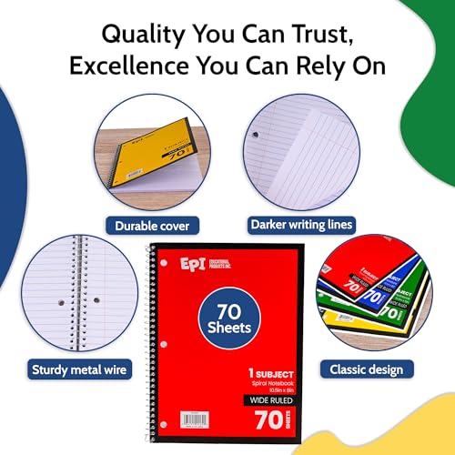 EPI Spiral Notebook | Wide - 70 Sheets, Durable Spiral Binding | 10.5 x 8 in | Classroom Supplies | School, Office, Note Taking, Journaling - 48 Pack - Image 2