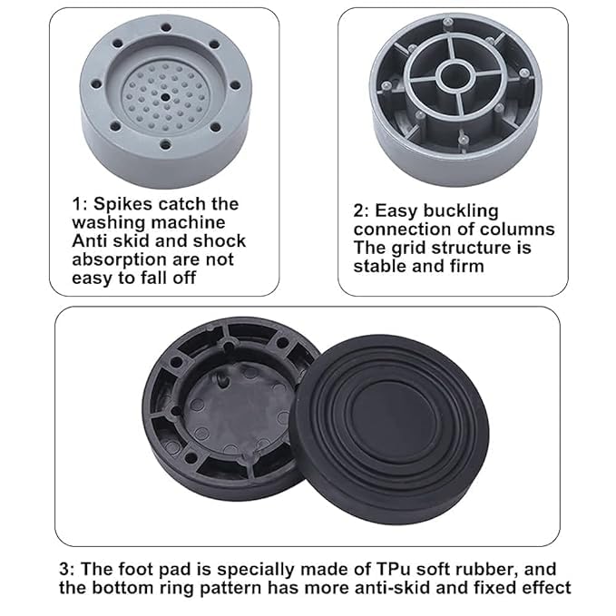 Homeor Smart Multi-Purpose Anti Vibration Pads for Washing Machine Feet with Tank Tread Grip for Washer & Dryer, Protects Laundry Room Floor Stackable Fridge Stand, Round, Pack of 4, Grey - Image 4