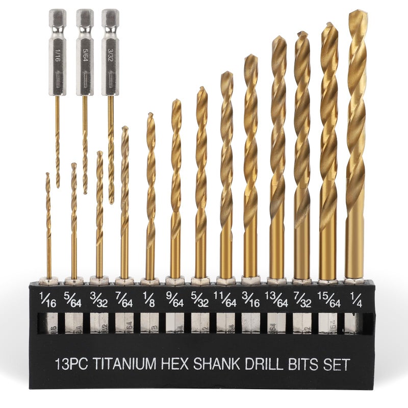 COMOWARE Titanium Twist Drill Bit Set - 16 Pcs Hex Shank High Speed Steel for Wood Plastic Aluminum Alloy, Quick Change, 1/16"-1/4" - Image 1