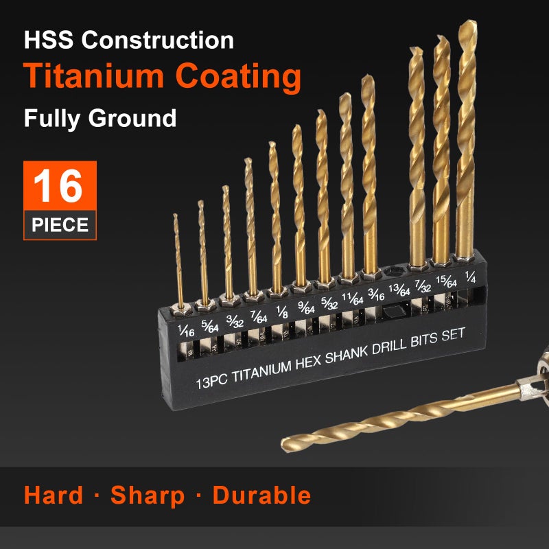 COMOWARE Titanium Twist Drill Bit Set - 16 Pcs Hex Shank High Speed Steel for Wood Plastic Aluminum Alloy, Quick Change, 1/16"-1/4" - Image 3