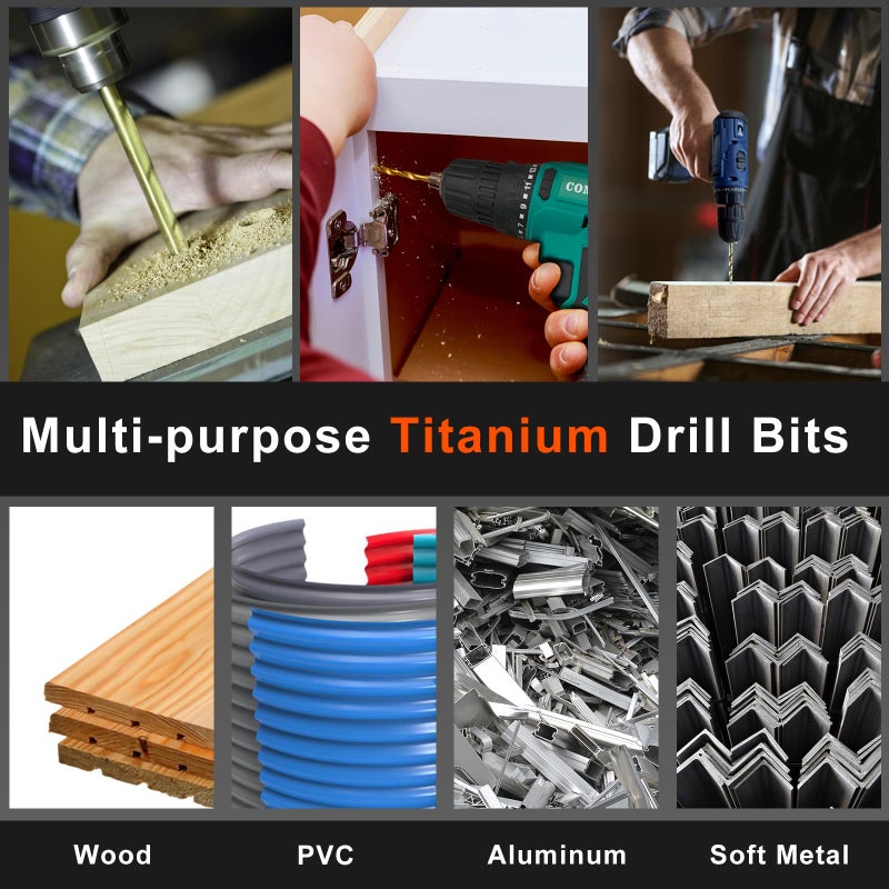 COMOWARE Titanium Twist Drill Bit Set - 16 Pcs Hex Shank High Speed Steel for Wood Plastic Aluminum Alloy, Quick Change, 1/16"-1/4" - Image 5