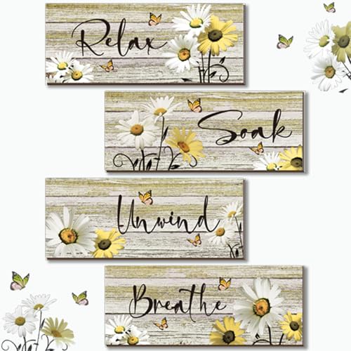ZINYAZHE 4 Pcs Farmhouse Yellow Bathroom Wall Decor Yellow Daisy Floral Flowers and Butterfly Wall Art Relax Soak Unwind Breathe Rustic Wood Plaque for Kitchen Home Bedroom(10 x 4 Inch) - Image 1