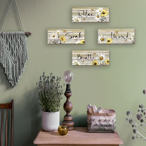 ZINYAZHE 4 Pcs Farmhouse Yellow Bathroom Wall Decor Yellow Daisy Floral Flowers and Butterfly Wall Art Relax Soak Unwind Breathe Rustic Wood Plaque for Kitchen Home Bedroom(10 x 4 Inch) - Image 2