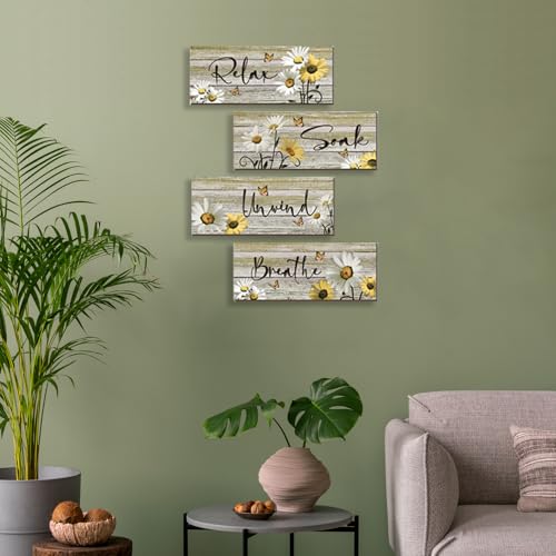 ZINYAZHE 4 Pcs Farmhouse Yellow Bathroom Wall Decor Yellow Daisy Floral Flowers and Butterfly Wall Art Relax Soak Unwind Breathe Rustic Wood Plaque for Kitchen Home Bedroom(10 x 4 Inch) - Image 3