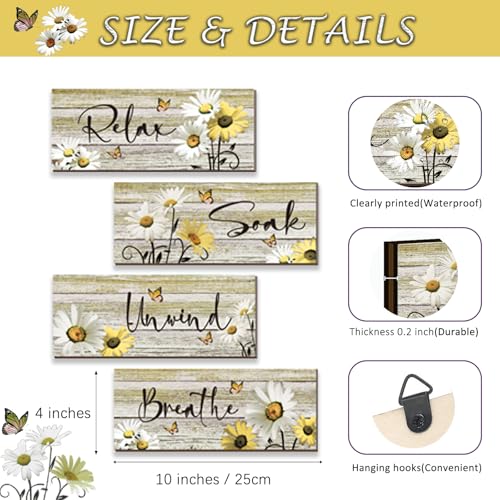 ZINYAZHE 4 Pcs Farmhouse Yellow Bathroom Wall Decor Yellow Daisy Floral Flowers and Butterfly Wall Art Relax Soak Unwind Breathe Rustic Wood Plaque for Kitchen Home Bedroom(10 x 4 Inch) - Image 4