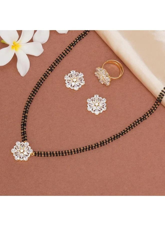 VOYLLA Voylla Toned Cubic Zirconia Studded Mangalsutra, Earrings and Ring Set, Black/