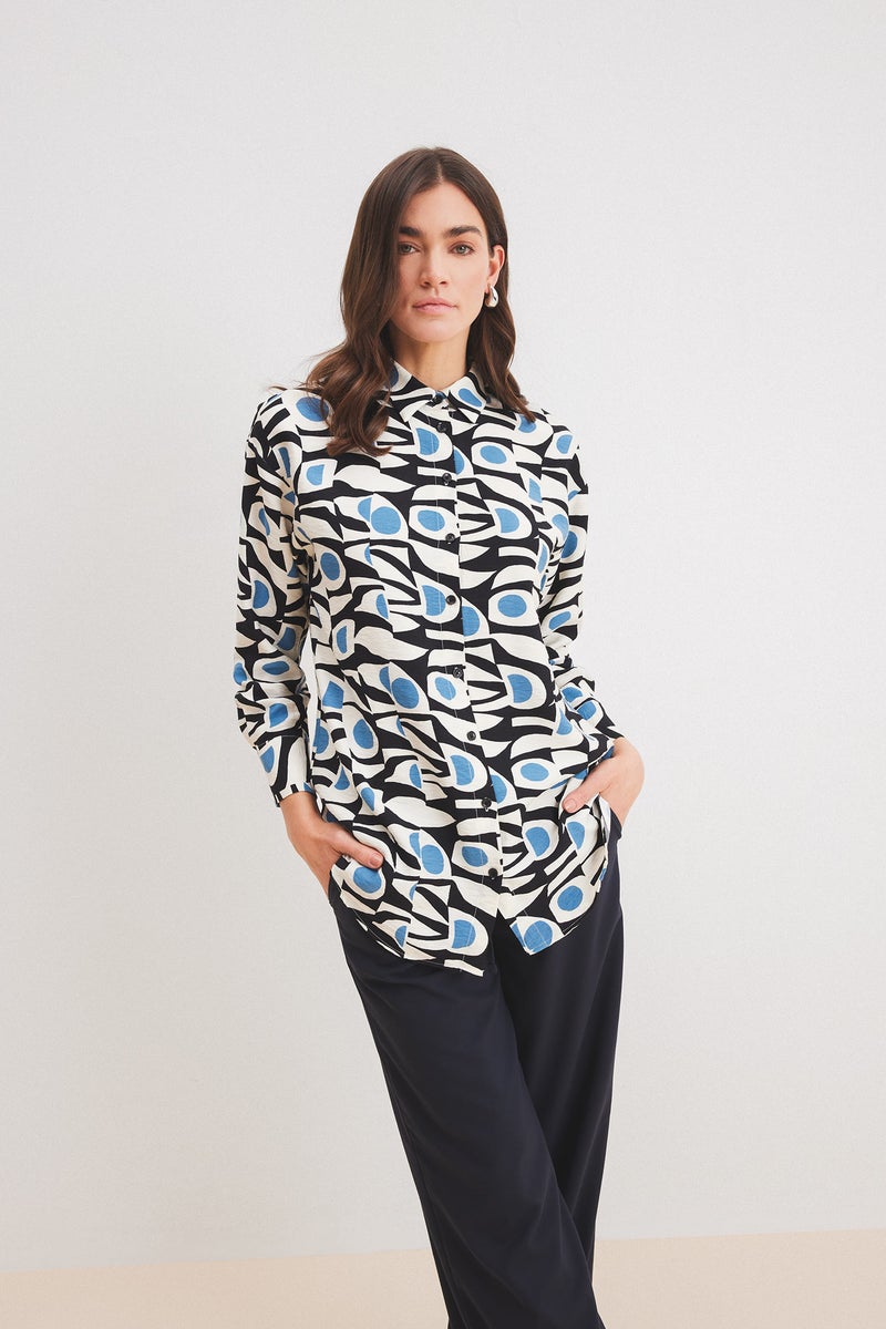 DeFacto Blue Woman Relax Fit Shirt Collar Printed Long Sleeve Tunic Casual - Image 3