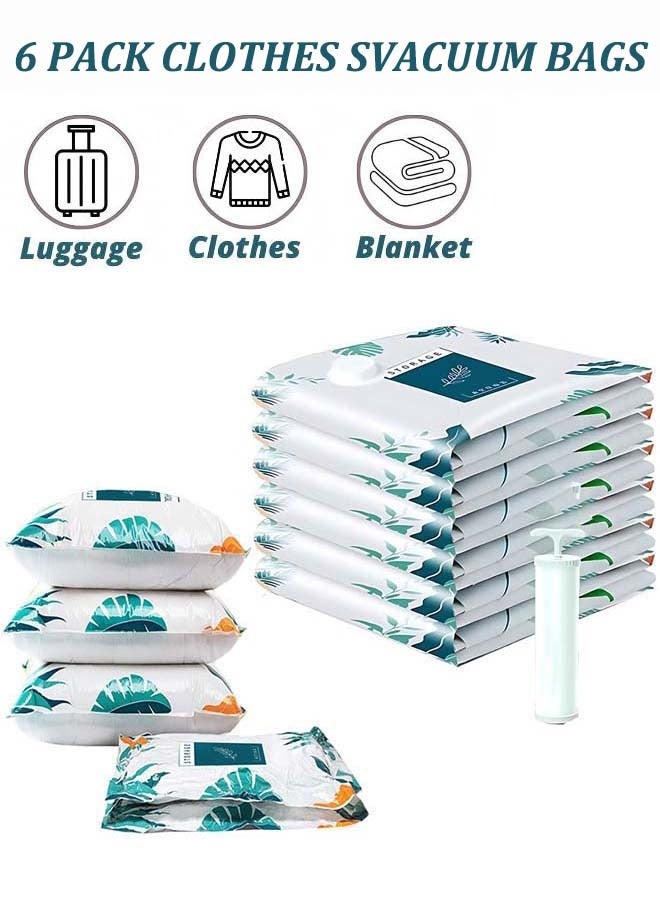 6 Pieces Plastic Vacuum Seal Bag Multi-use Vacuum Bags for Clothes Reusable Vacuum Storage Bag with Pump for Blanket, Duvets, Pillows, Quilt, Mattress, Travel (2 Large/2 Medium/2 Small/1 Pump) - Image 1