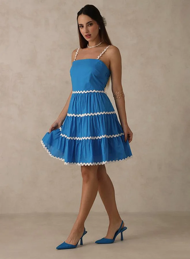 Virgio 100% Cotton Blue Tiered Mini Dress