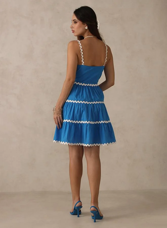 Virgio 100% Cotton Blue Tiered Mini Dress