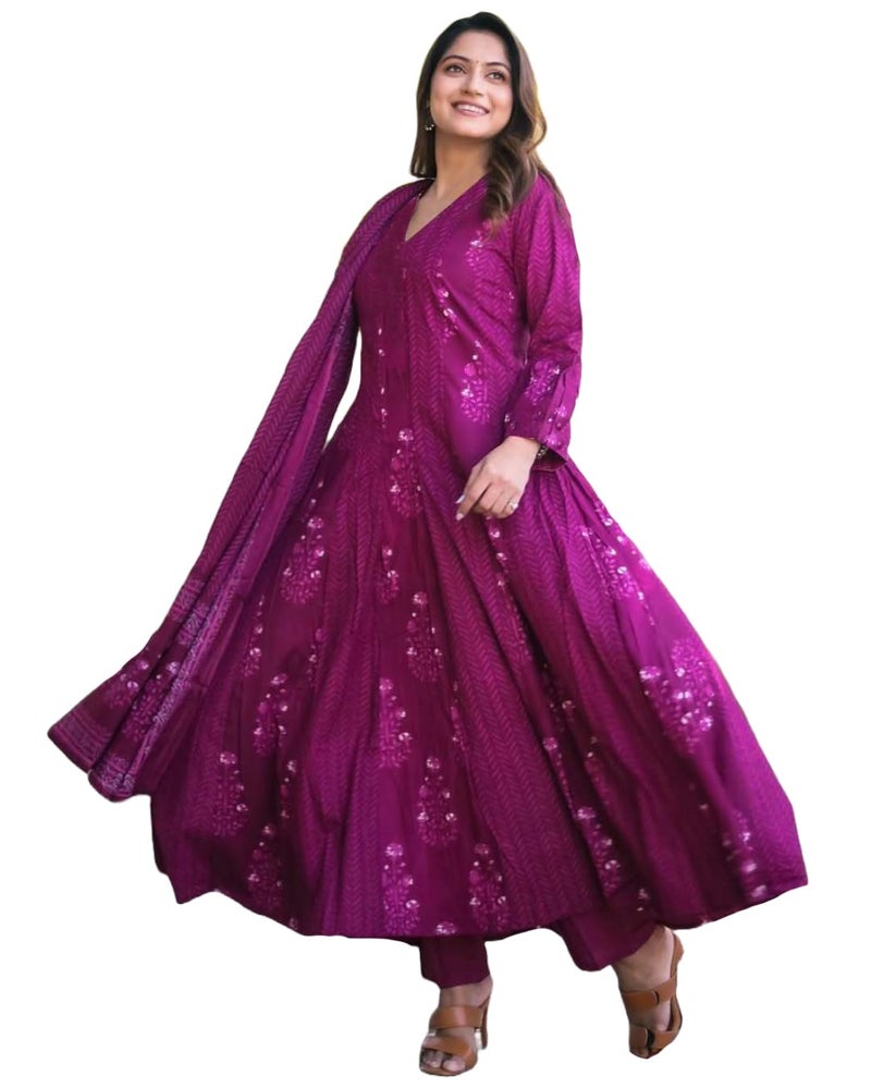 ANNI Designer Women's Rayon Viscose Anarkali Printed Kurta with Pant & Dupatta (Carina Rani_L_Pink_Large) - Image 1