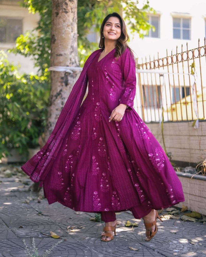ANNI Designer Women's Rayon Viscose Anarkali Printed Kurta with Pant & Dupatta (Carina Rani_L_Pink_Large) - Image 2
