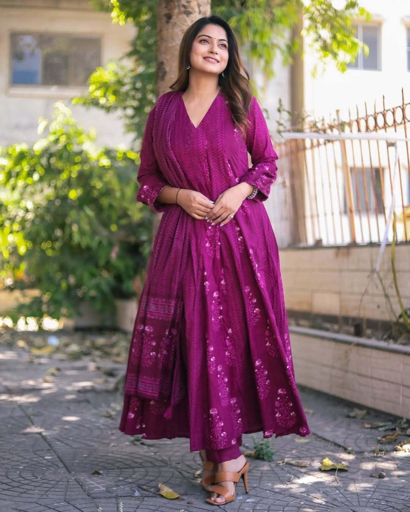 ANNI Designer Women's Rayon Viscose Anarkali Printed Kurta with Pant & Dupatta (Carina Rani_L_Pink_Large) - Image 3