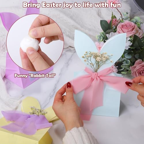 MIMIND 30 Set Easter Bunny Party Favor Bags DIY Corlorful Bunnies Gift Boxes with Neutral Bow Ribbon Artificial Flowers Rustic Paper Rabbit Ears Goodie Treat Bags Bulk for Birthday Easter Spring - Image 3