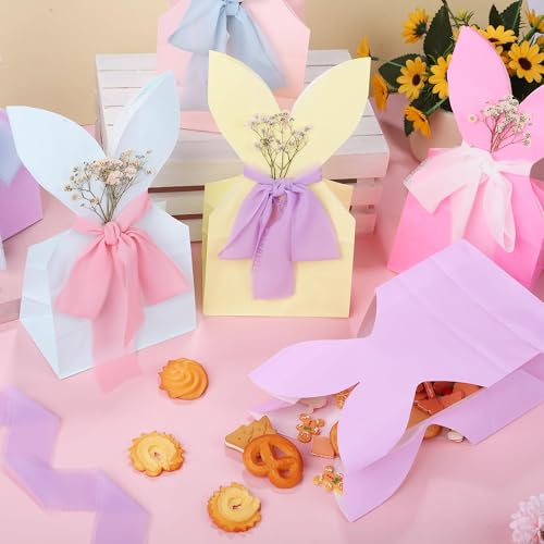 MIMIND 30 Set Easter Bunny Party Favor Bags DIY Corlorful Bunnies Gift Boxes with Neutral Bow Ribbon Artificial Flowers Rustic Paper Rabbit Ears Goodie Treat Bags Bulk for Birthday Easter Spring - Image 5