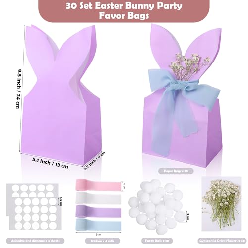 MIMIND 30 Set Easter Bunny Party Favor Bags DIY Corlorful Bunnies Gift Boxes with Neutral Bow Ribbon Artificial Flowers Rustic Paper Rabbit Ears Goodie Treat Bags Bulk for Birthday Easter Spring - Image 2