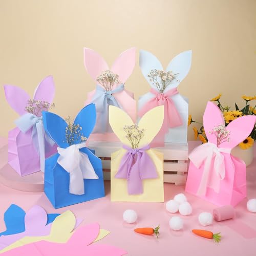 MIMIND 30 Set Easter Bunny Party Favor Bags DIY Corlorful Bunnies Gift Boxes with Neutral Bow Ribbon Artificial Flowers Rustic Paper Rabbit Ears Goodie Treat Bags Bulk for Birthday Easter Spring - Image 4