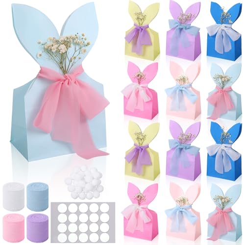 MIMIND 30 Set Easter Bunny Party Favor Bags DIY Corlorful Bunnies Gift Boxes with Neutral Bow Ribbon Artificial Flowers Rustic Paper Rabbit Ears Goodie Treat Bags Bulk for Birthday Easter Spring - Image 1